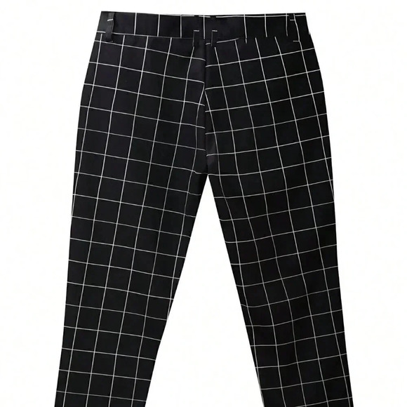 Black Preppy Mens Plaid Print Slant Pocket Suit Pants - Picture 2 of 4